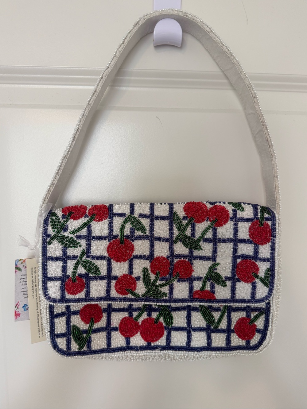 Beaded Cherry Grid Shoulder Bag - Red/White-NWT